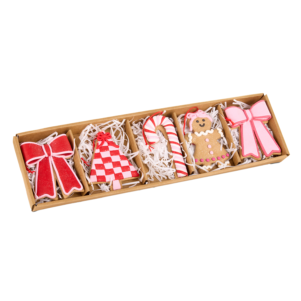 Viv! Christmas Ornament - Box of Gingerbread Cookies - Set of 5 - Pink Red - 11 cm