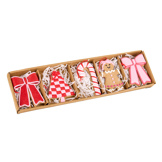 Viv! Christmas Kerstornament - Box met Gingerbread Koekjes - set van 5 - roze rood - 11cm