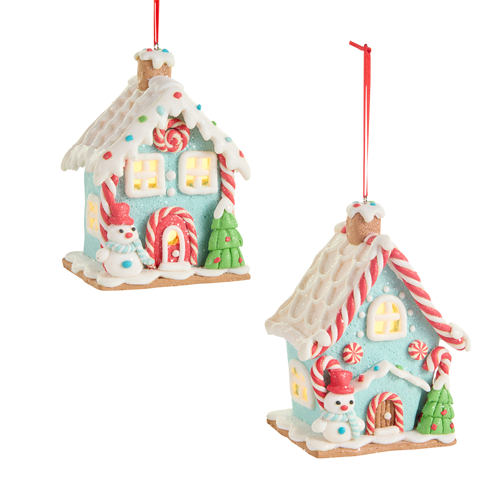 Viv! Christmas Ornament - Gingerbread House w/ LED Lights - Set of 2 - Blue Red - 12 cm