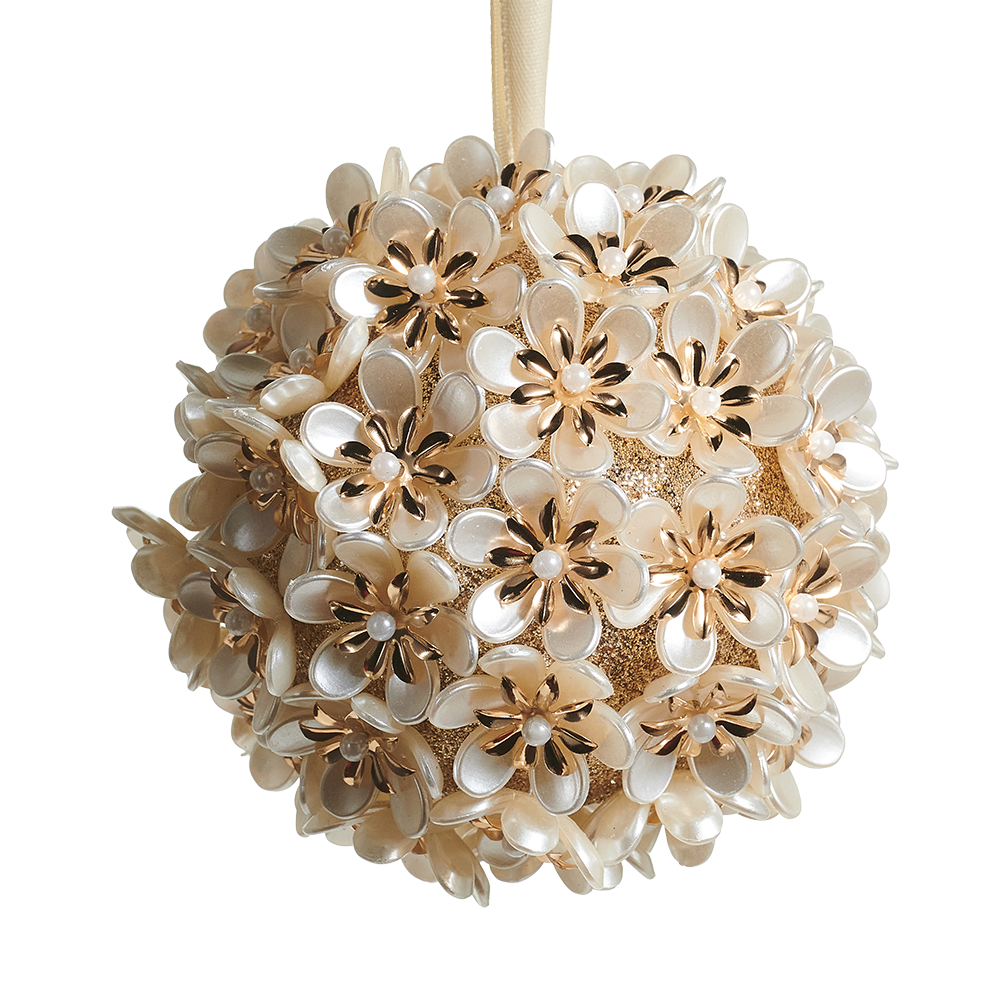 Viv! Christmas Bauble - Pearl Flowers - White Gold - 10 cm