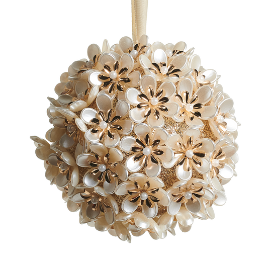 Viv! Christmas Bauble - Pearl Flowers - White Gold - 10 cm