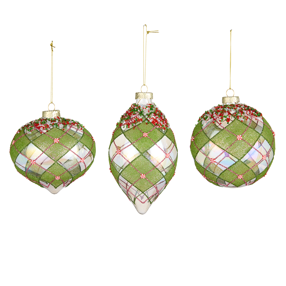 Viv! Christmas Bauble - Plaid Pattern w/ Peppermint Candy - Set of 3 - Glass - Green - 10 cm