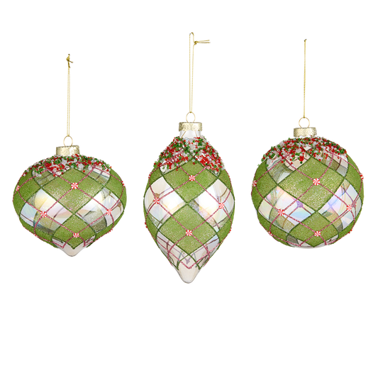 Viv! Christmas Kerstbal - Ruitpatroon met Pepermunt Snoep - set van 3 - glas - groen - 10cm