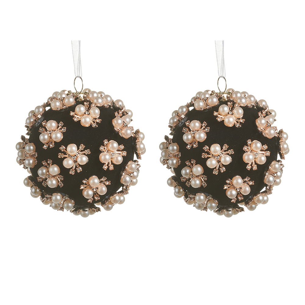 Viv! Christmas Bauble - Pearl & Rhinestone Cluster - Set of 2 - Black - 9 cm