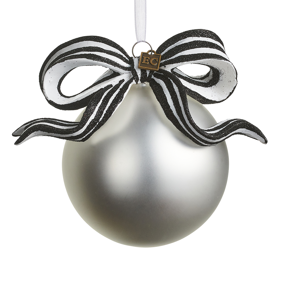 Viv! Christmas Bauble - Striped Bow - Glass - Black White - 14 cm