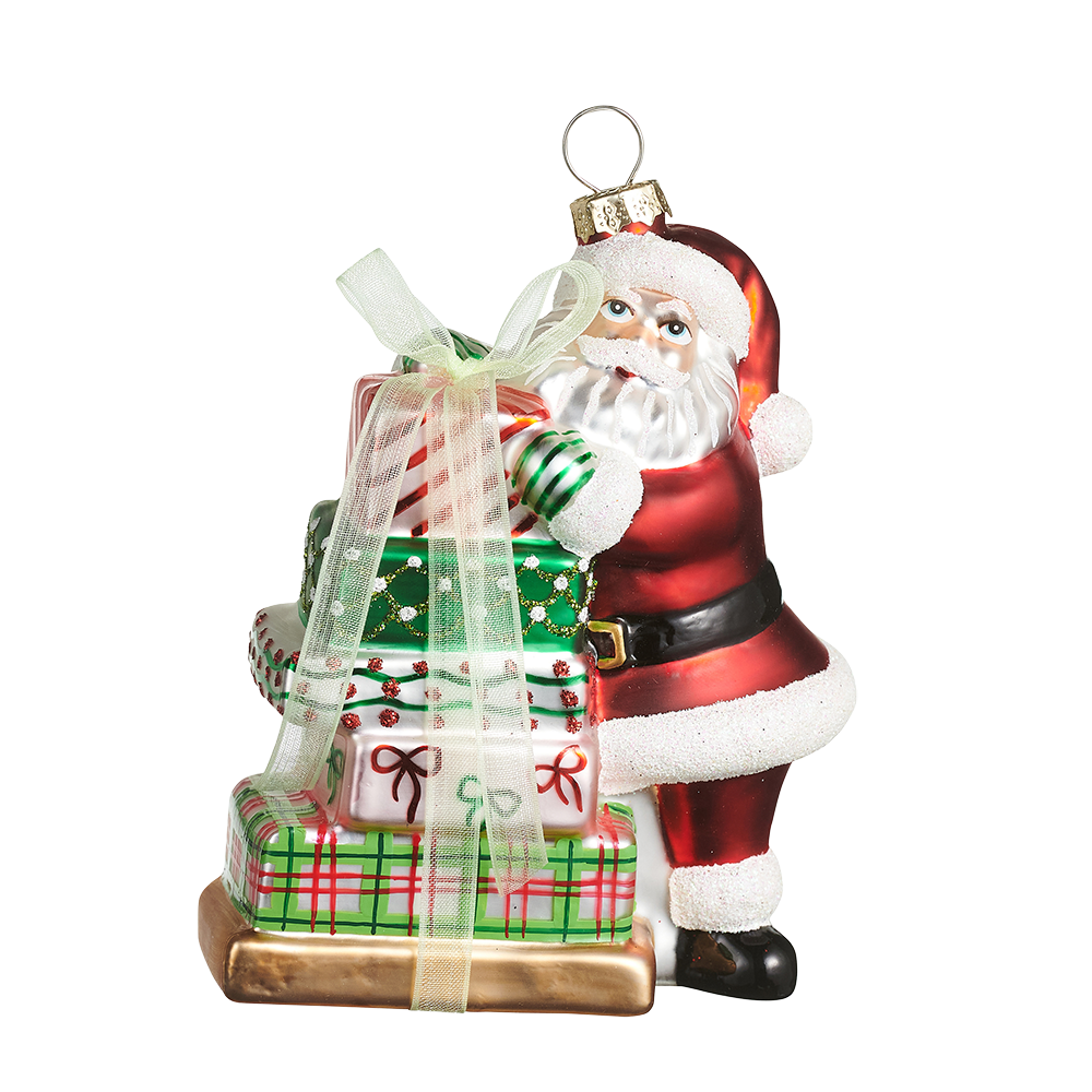 Viv! Christmas Kerstornament - Kerstman met Cadeaus - glas - rood groen - 10cm