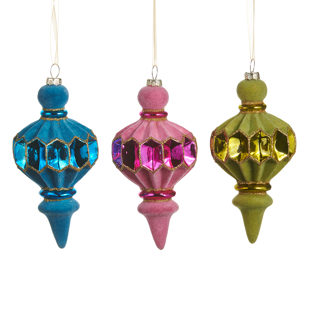 Viv! Christmas Ornament - Velvet Finials w/ Glitter - Set of 3 - Glass - 14 cm