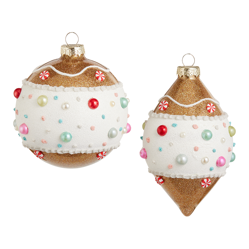 Viv! Christmas Bauble - Gingerbread Peppermint Candy - Set of 2 - Glass - Brown White - 10 cm