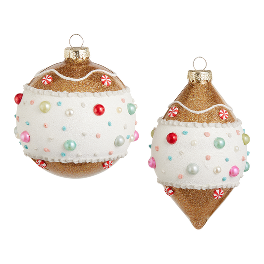 Viv! Christmas Kerstbal - Gingerbread Pepermunt Snoep - set van 2 - glas - bruin wit - 10cm