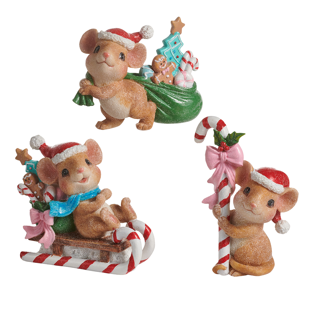 Viv! Christmas Tabletop Figure - Mice with Presents - Set of 3 - Blue Red - 14 cm