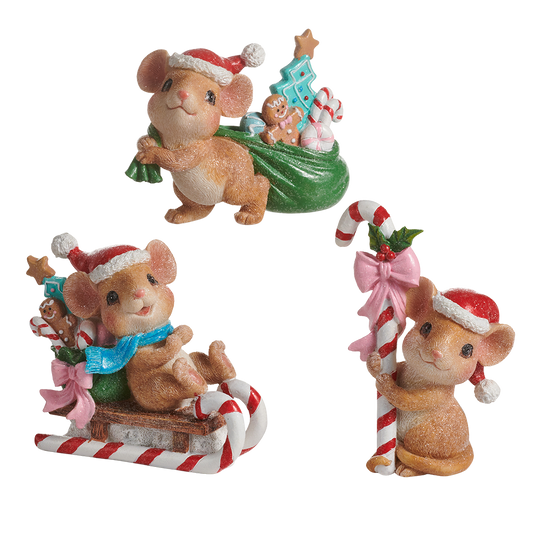 Viv! Christmas Kerstbeeld - Muizen met Cadeaus - set van 3 - blauw rood - 14cm