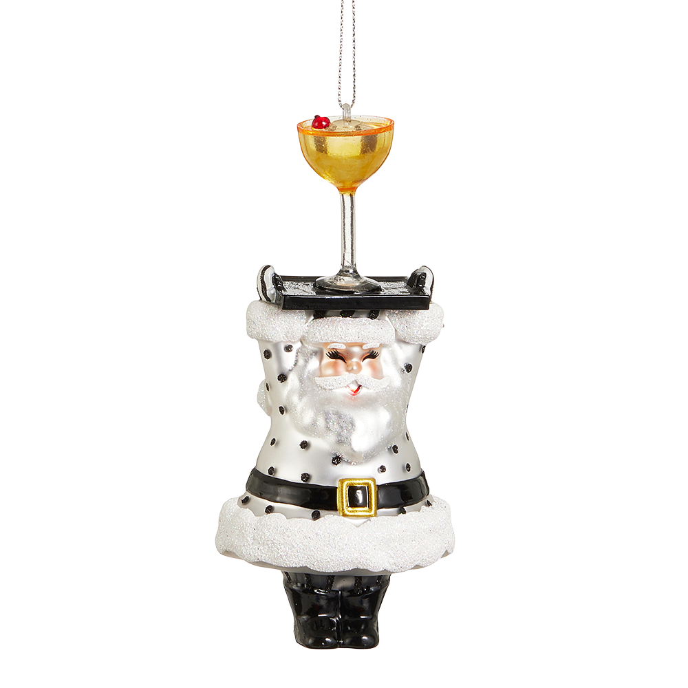 Viv! Christmas Ornament - Champagne Service Santa - Glass - Black White - 9 cm