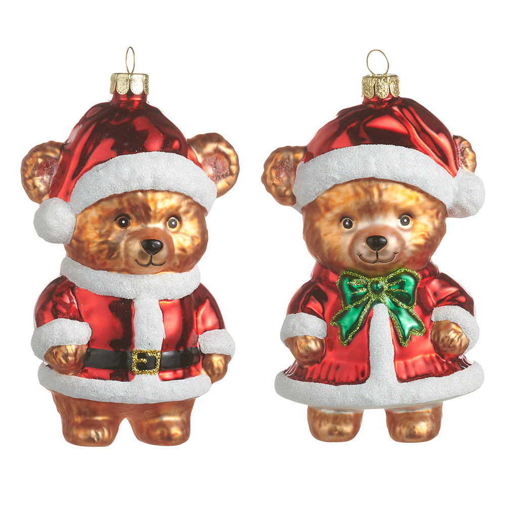 Viv! Christmas Weihnachtsanhänger - Teddybär mit Weihnachtsmütze - 2er-Set - Glas - Rot - 12 cm
