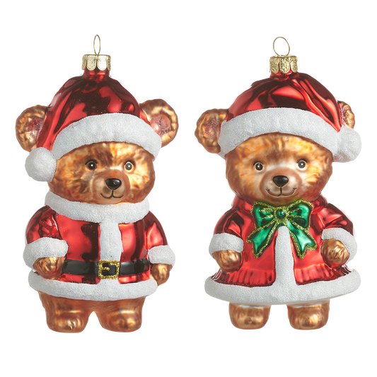 Viv! Christmas Weihnachtsanhänger - Teddybär mit Weihnachtsmütze - 2er-Set - Glas - Rot - 12 cm