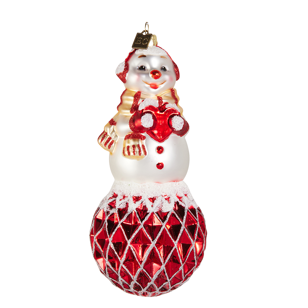 Viv! Christmas Weihnachtsanhänger - Schneemann mit Herz - Glas - Rot Weiß - 18 cm
