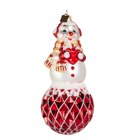 Viv! Christmas Weihnachtsanhänger - Schneemann mit Herz - Glas - Rot Weiß - 18 cm