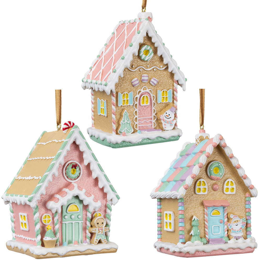 Viv! Christmas Kerstornament - Gingerbread Huisjes - set van 3 - pastel roze - 9cm