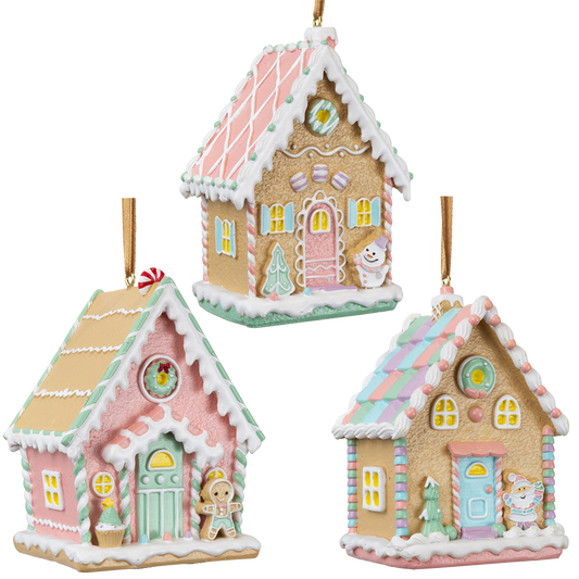 Viv! Christmas Kerstornament - Gingerbread Huisjes - set van 3 - pastel roze - 9cm