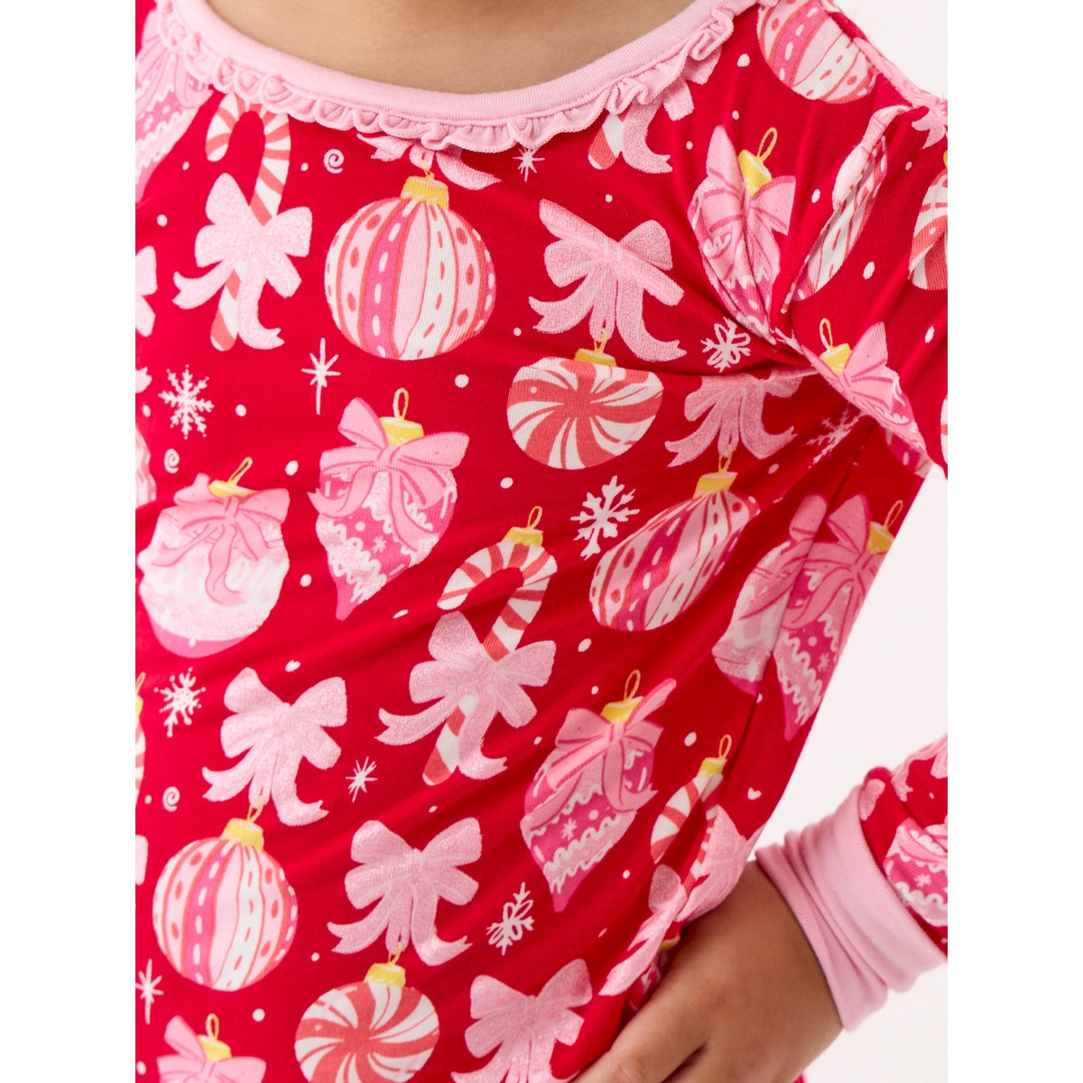 RuffleButts - Meisjes Kerstpyjama Set Lange Mouwen - Ornament Bows - Rood - Bamboe Viscose