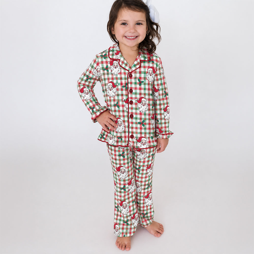 RuffleButts - Girls' Christmas Button Up Pajama Set - Dear Santa Red Green