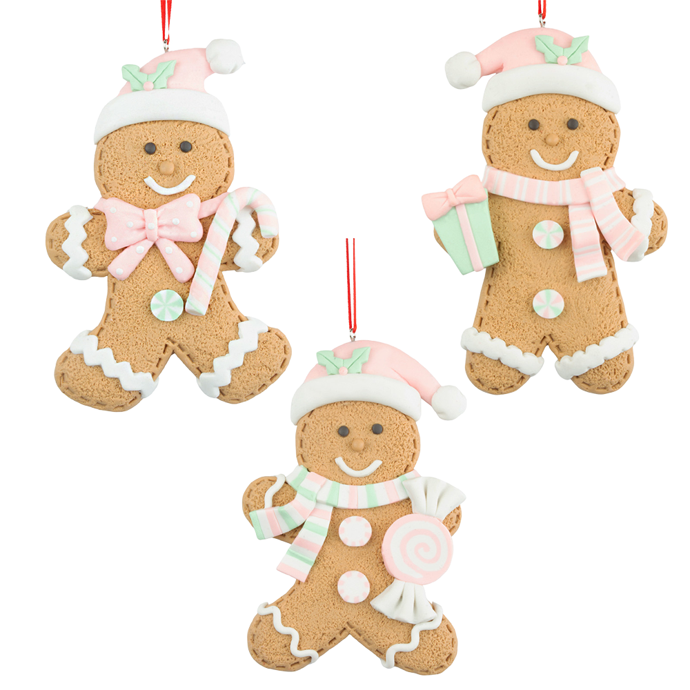 Viv! Christmas Kerstornament - Gingerbread Poppetjes met Snoep - set van 3 - pastel roze - 13cm