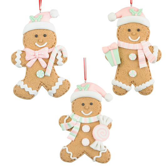 Viv! Christmas Kerstornament - Gingerbread Poppetjes met Snoep - set van 3 - pastel roze - 13cm