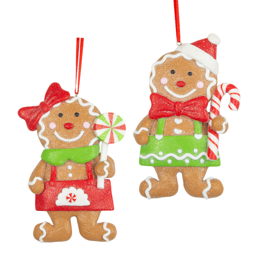 Viv! Christmas Kerstornament - Gingerbread Poppetjes met Snoep - set van 2 - bruin rood groen - 11cm
