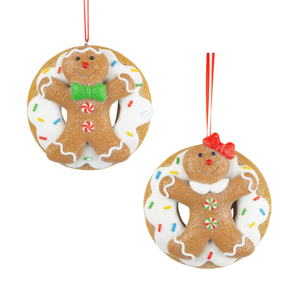 Viv! Christmas Kerstornament - Gingerbread Donut - set van 2 - bruin rood - 8cm