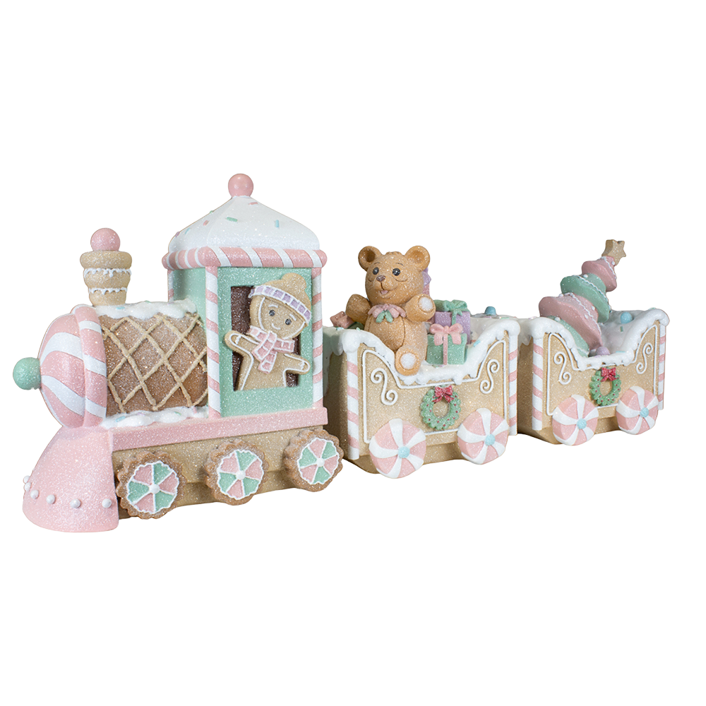 Viv! Christmas Kerstbeeld - XL Gingerbread Trein met Beertje - pastel roze - 62cm