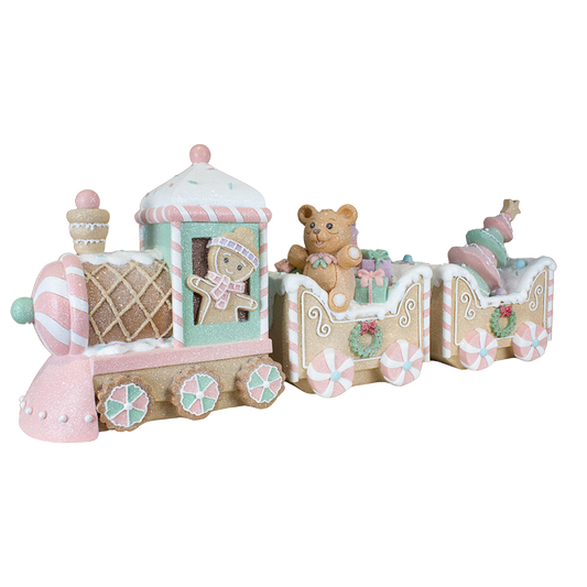 Viv! Christmas Kerstbeeld - XL Gingerbread Trein met Beertje - pastel roze - 62cm