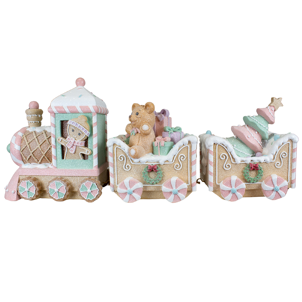 Viv! Christmas Kerstbeeld - XL Gingerbread Trein met Beertje - pastel roze - 62cm