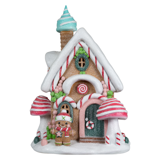 Viv! Christmas Kerstbeeld - Gingerbread Paddenstoel Huis incl. LED Verlichting - rood roze blauw - 30cm