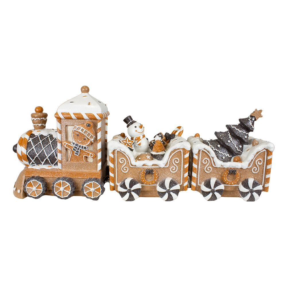 Viv! Christmas Kerstbeeld - Gingerbread Trein met Sneeuwpop - bruin wit zwart - 45x19cm