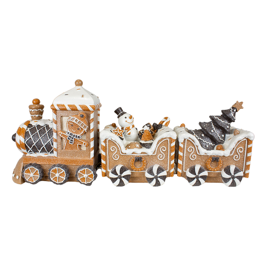 Viv! Christmas Kerstbeeld - Gingerbread Trein met Sneeuwpop - bruin wit zwart - 45x19cm