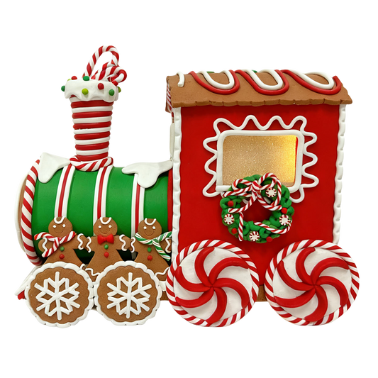 Viv! Christmas Kerstbeeld - Gingerbread Trein incl. LED Verlichting - rood groen - 31cm