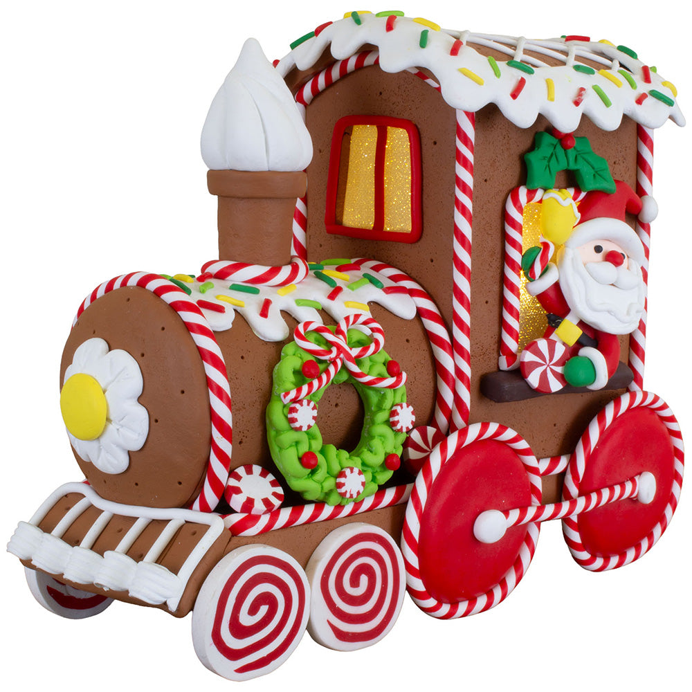 Viv! Christmas Weihnachtsfigur - Weihnachtsmann Lebkuchen-Zug mit LED-Beleuchtung - Rot Braun - 18 cm
