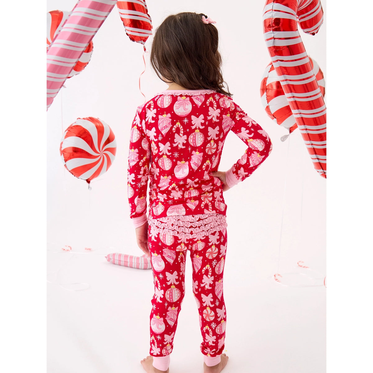 RuffleButts - Toddler Girls Long Sleeve Christmas Pajama Set - Ornament Bows - Red - Bamboo Viscose