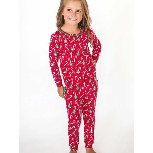 RuffleButts - Peuter Meisjes Kerstpyjama Set Lange Mouwen – Candy Cane - Bamboe Viscose