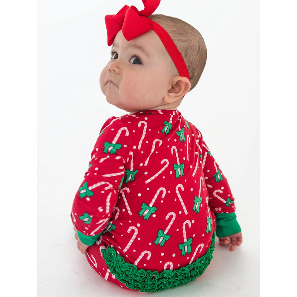 RuffleButts - Baby Girls' Zip-Up Christmas Pajamas - Candy Cane - Bamboo Viscose