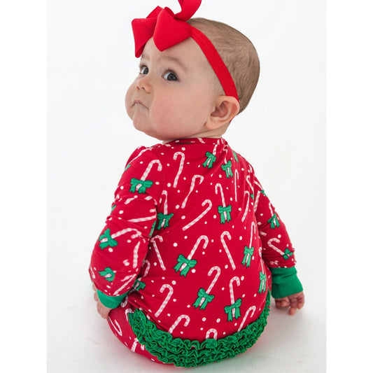 RuffleButts - Baby Meisjes Kerstpyjama met Rits – Candy Cane - Bamboe Viscose