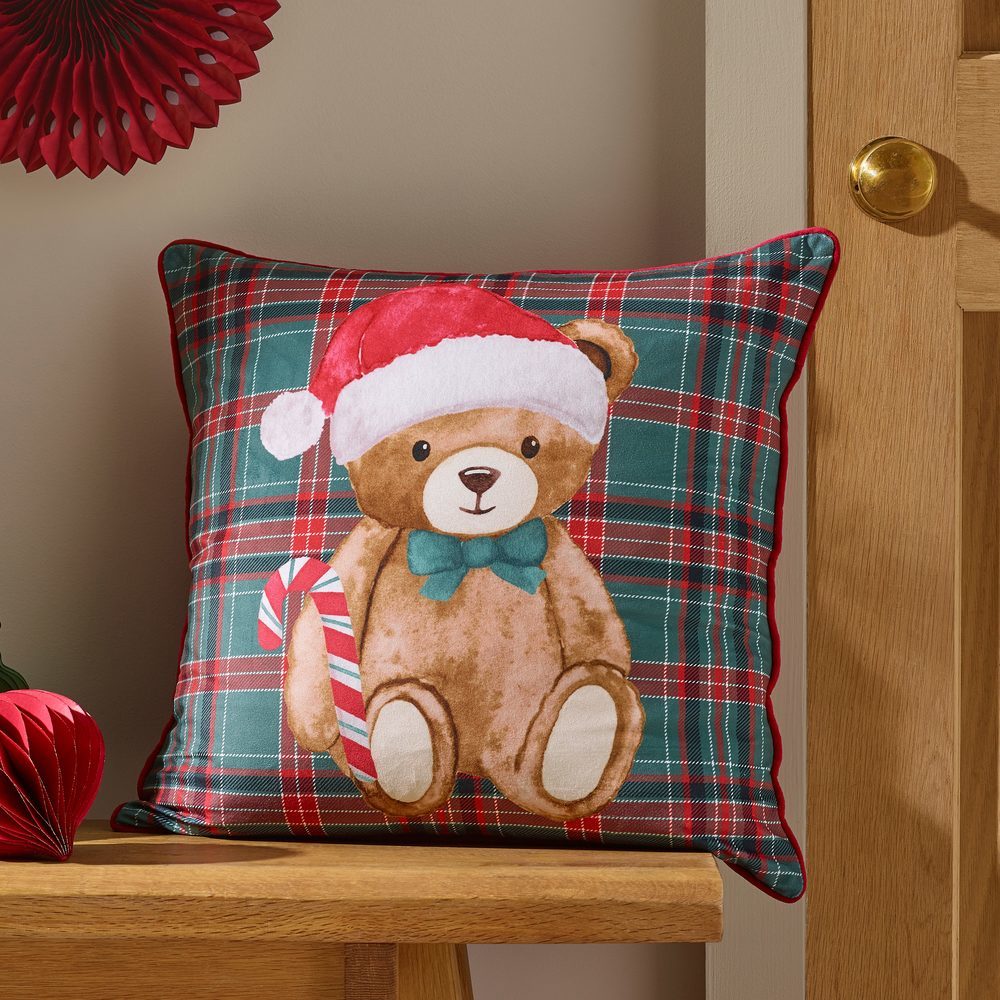 Viv! Christmas Kerst Kussen - Tartan Teddy Bear - 45cm