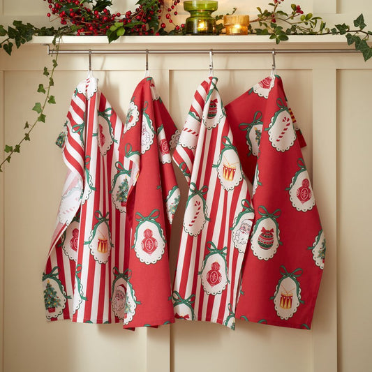 Viv! Christmas Tea Towels - Vintage Christmas Stripe - Set of 4