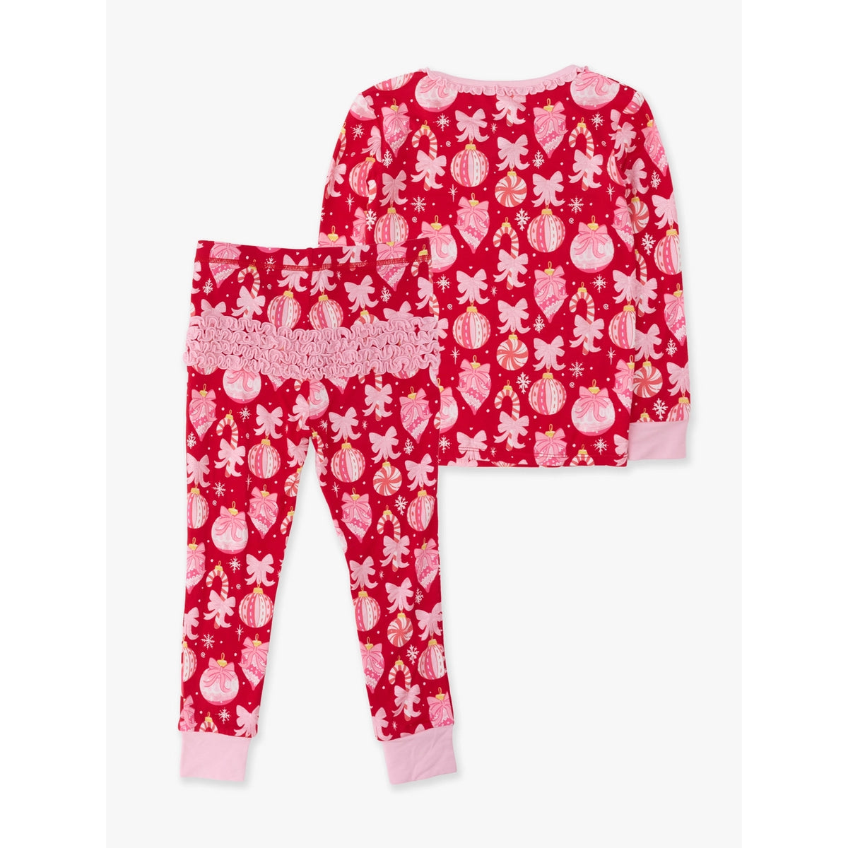 RuffleButts - Toddler Girls Long Sleeve Christmas Pajama Set - Ornament Bows - Red - Bamboo Viscose