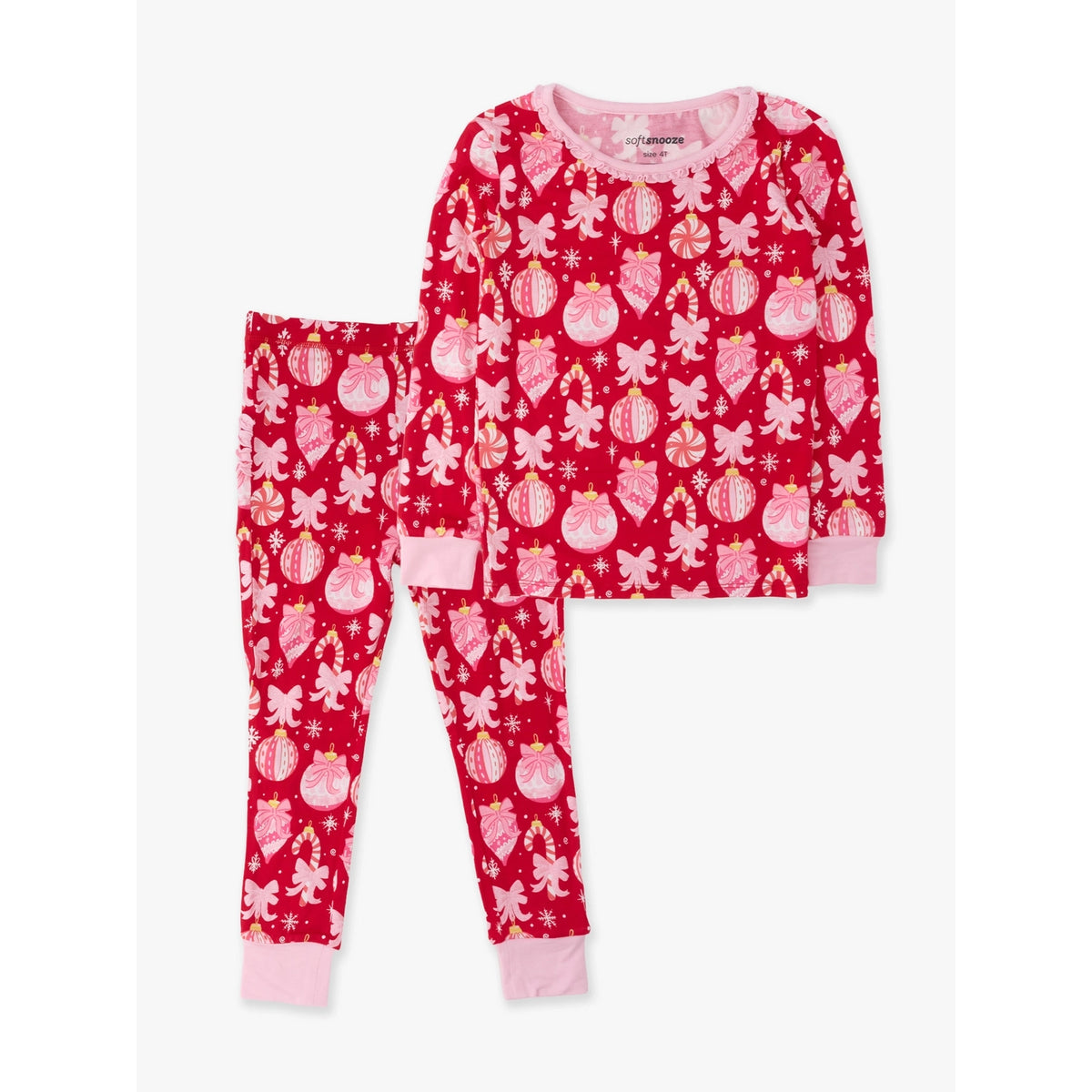 RuffleButts - Toddler Girls Long Sleeve Christmas Pajama Set - Ornament Bows - Red - Bamboo Viscose