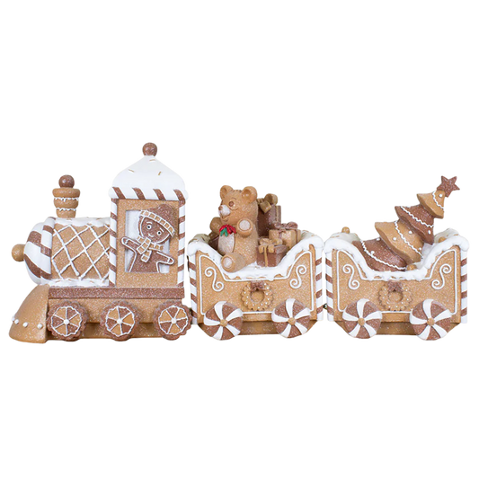 Viv! Christmas Kerstbeeld - XL Gingerbread Trein met Beertje - bruin rood - 62cm
