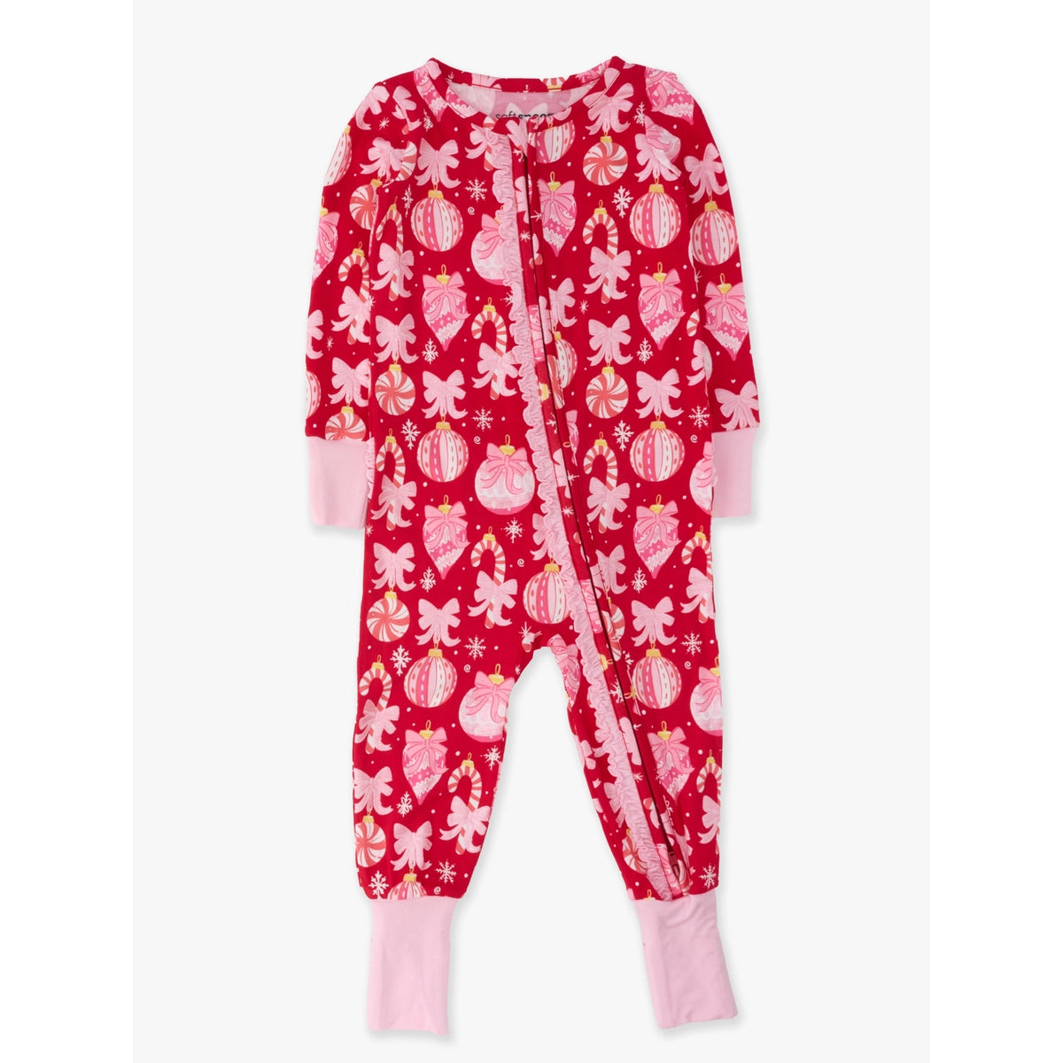 RuffleButts - Baby Meisjes Kerstpyjama met Rits - Ornament Bows - Rood - Bamboe Viscose