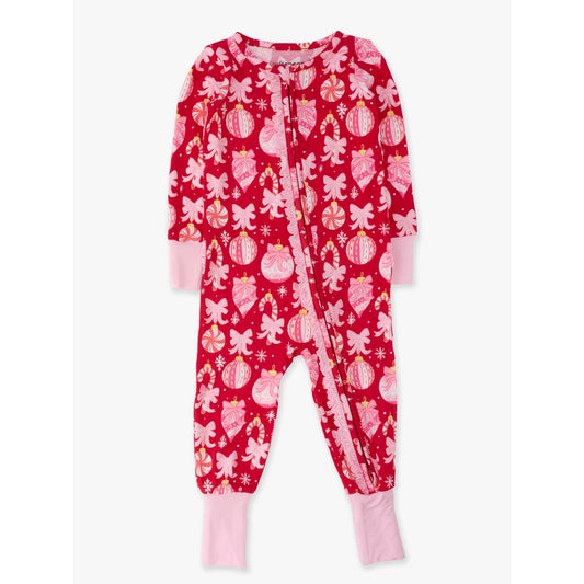 RuffleButts - Baby Mädchen Weihnachts-Schlafanzug mit Reißverschluss - Ornament Bows - Rot - Bambusviskose