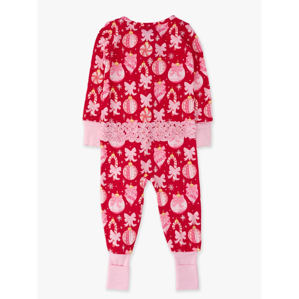 RuffleButts - Baby Meisjes Kerstpyjama met Rits - Ornament Bows - Rood - Bamboe Viscose