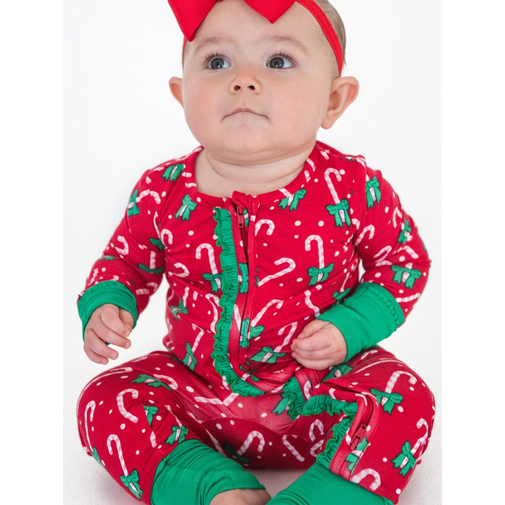 RuffleButts - Baby Girls' Zip-Up Christmas Pajamas - Candy Cane - Bamboo Viscose