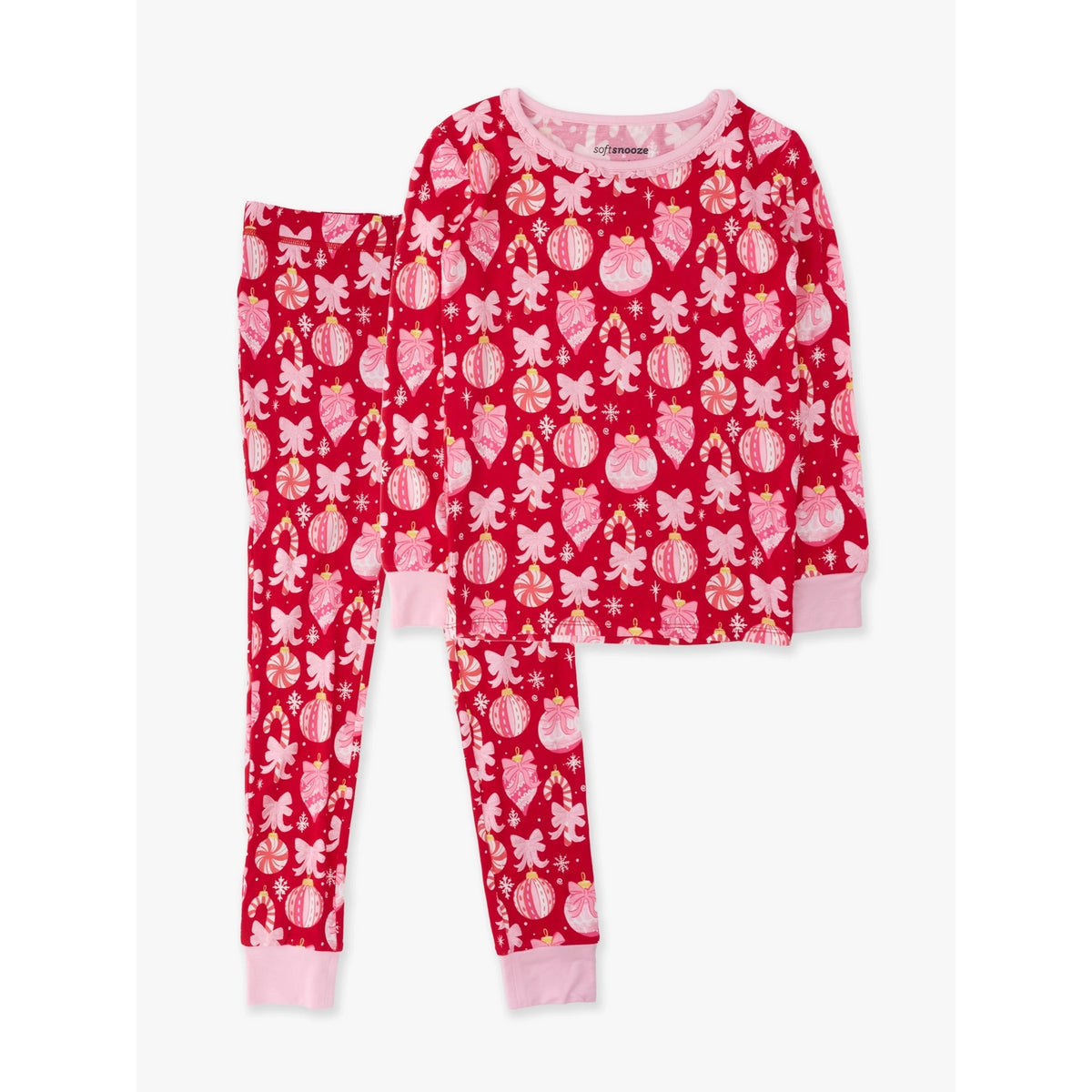 RuffleButts - Meisjes Kerstpyjama Set Lange Mouwen - Ornament Bows - Rood - Bamboe Viscose